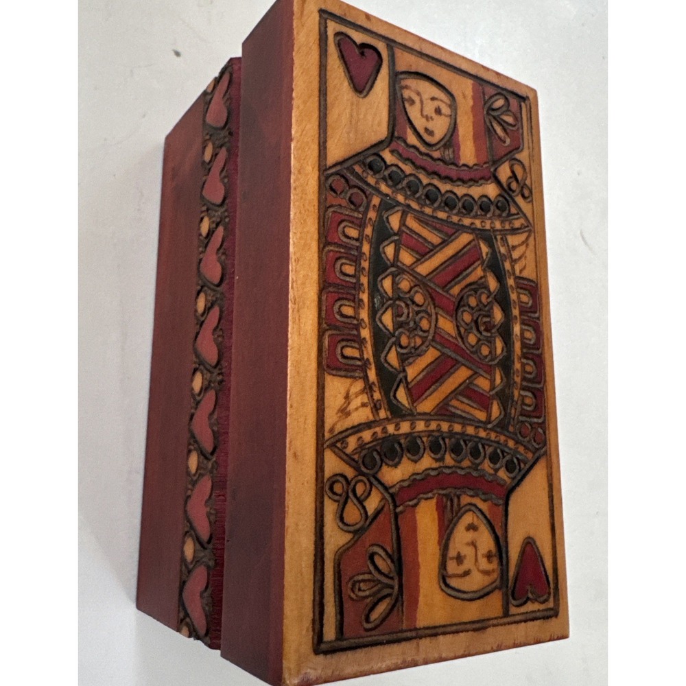 Carved Playing Card Box Queen Of Hearts Polish Handmade Wood Holds 2 Decks 4.5"
